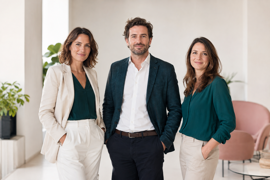 Trois consultants du studio dans un bureau lumineux et minimaliste avec plantes